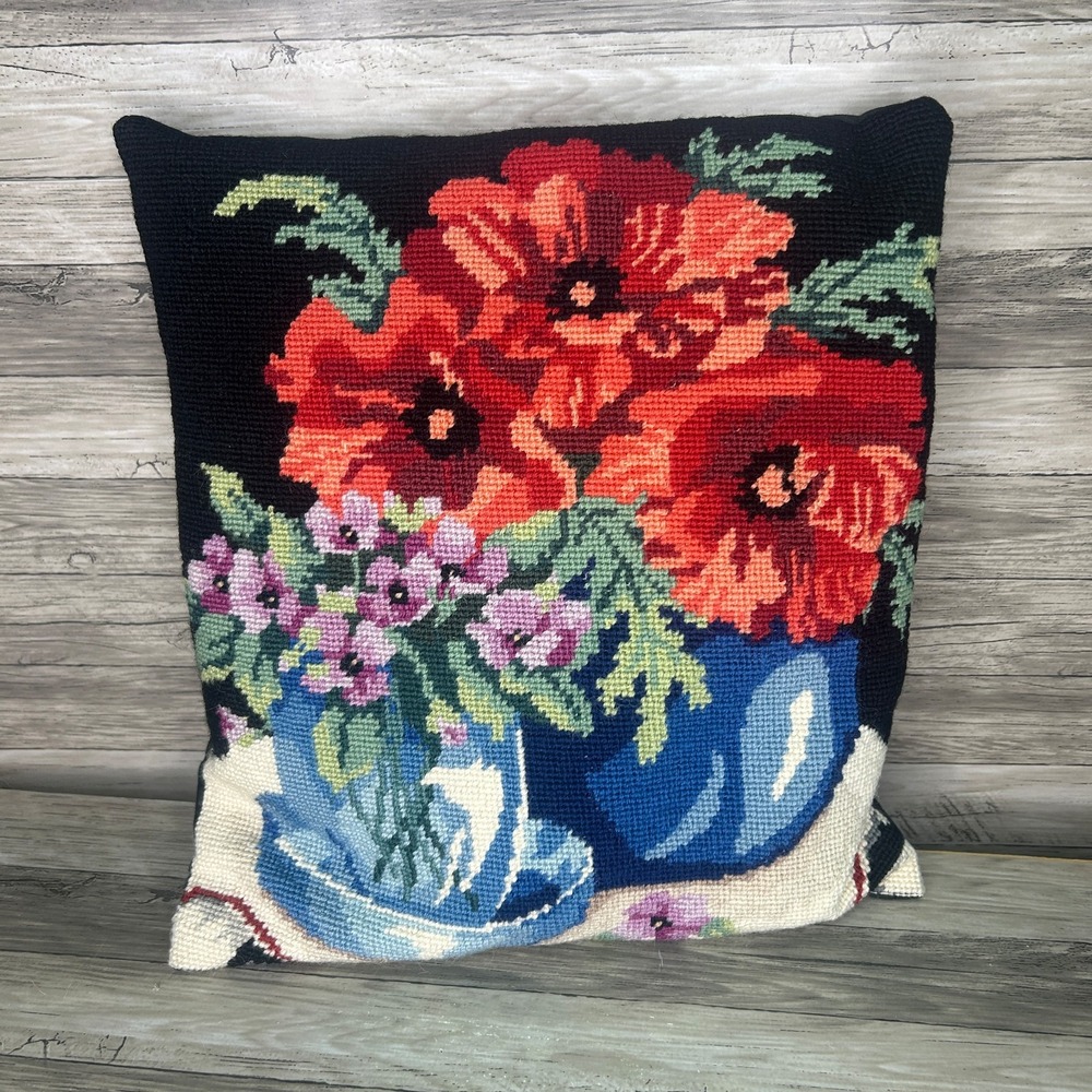 Needlepoint Poppies in Blue Dimensions Pillow Finished Art Vintage Hollywood Reg